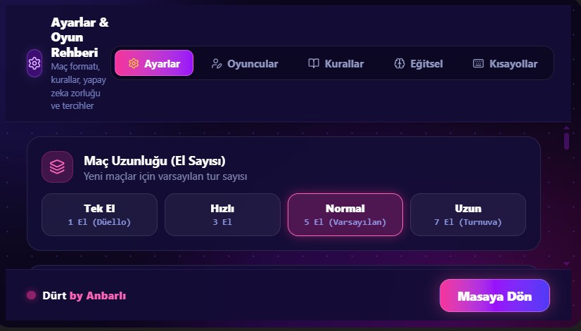 DÜRT ayarlar ve oyun rehberi ekranı