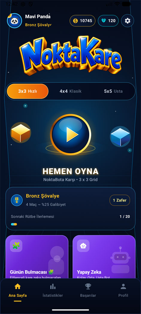 NoktaKare mobil oyun ana ekranı