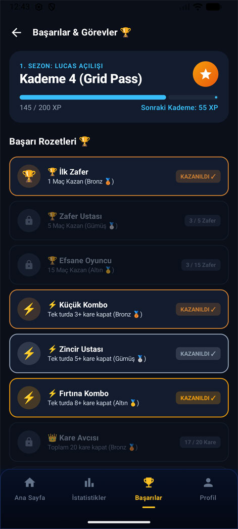 NoktaKare başarılar ekranı