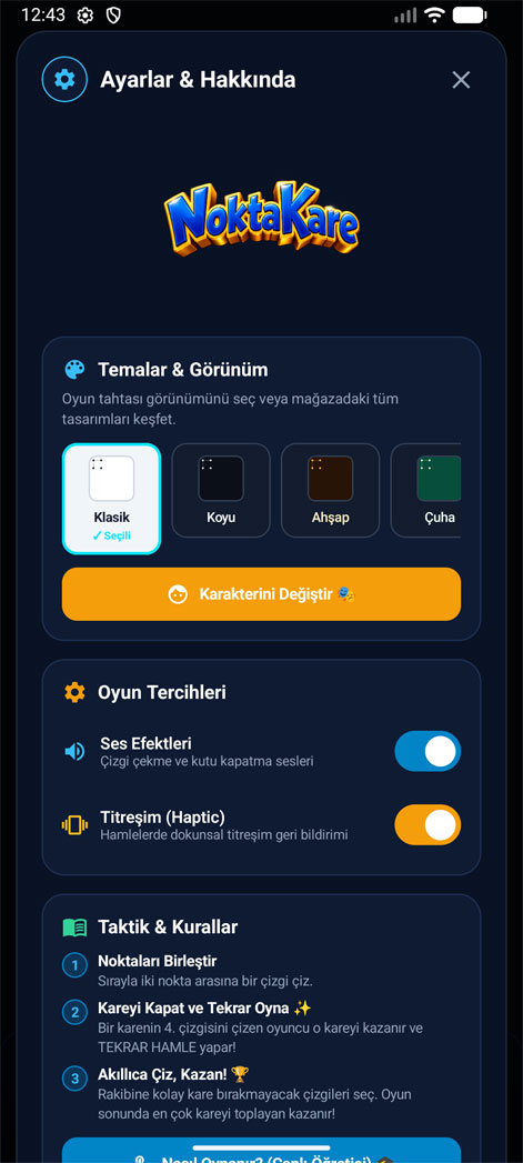 NoktaKare ayarlar ekranı