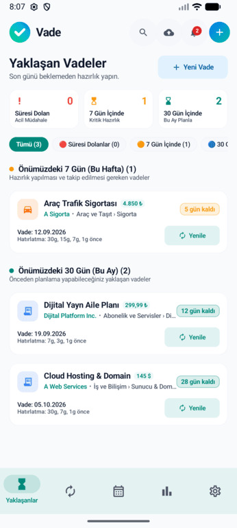 Vade koyu tema genel bakış ekranı