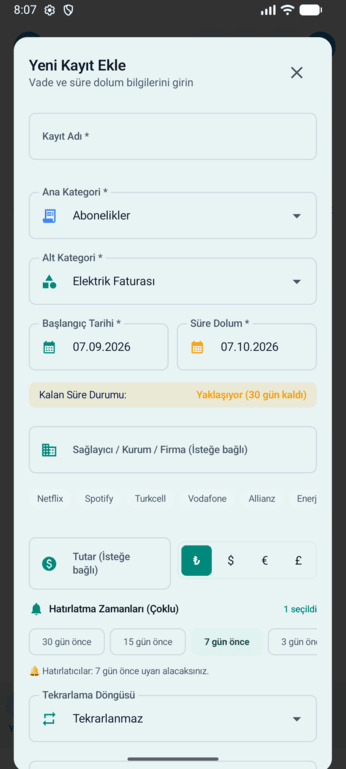 Vade kayıtlar listesi ekranı