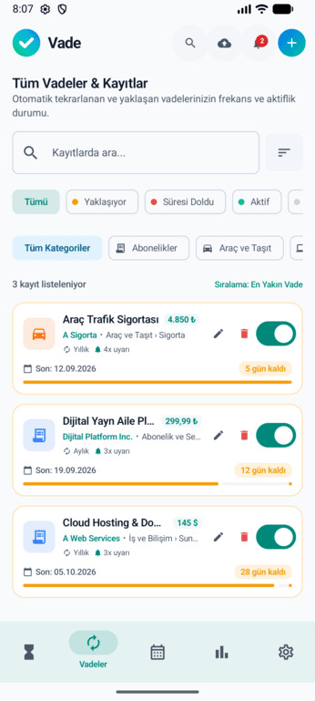 Vade ayarlar ve tercihler ekranı