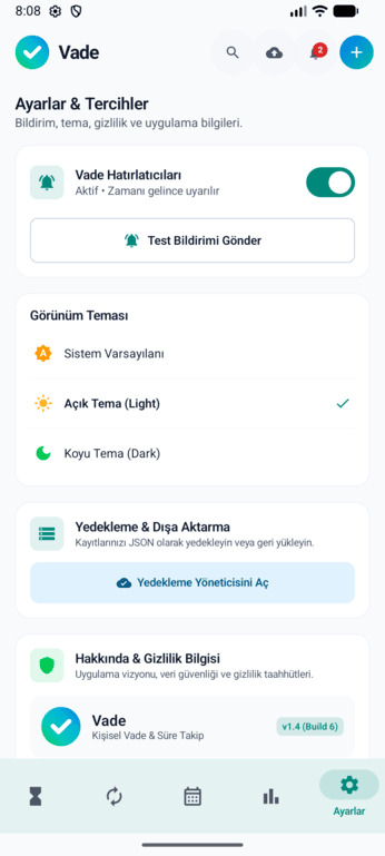 Vade açık tema genel bakış ekranı