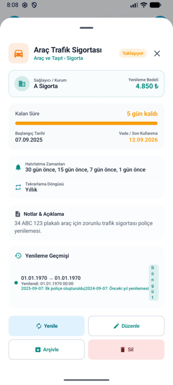 Vade yeni kayıt ekleme ekranı